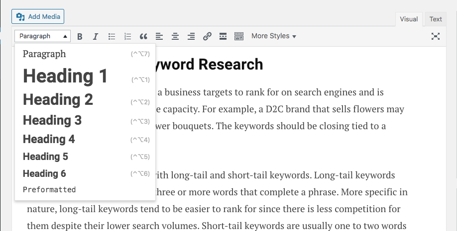 Heading Examples in WordPress