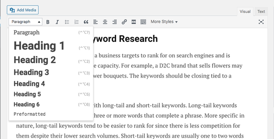 Heading Examples in WordPress