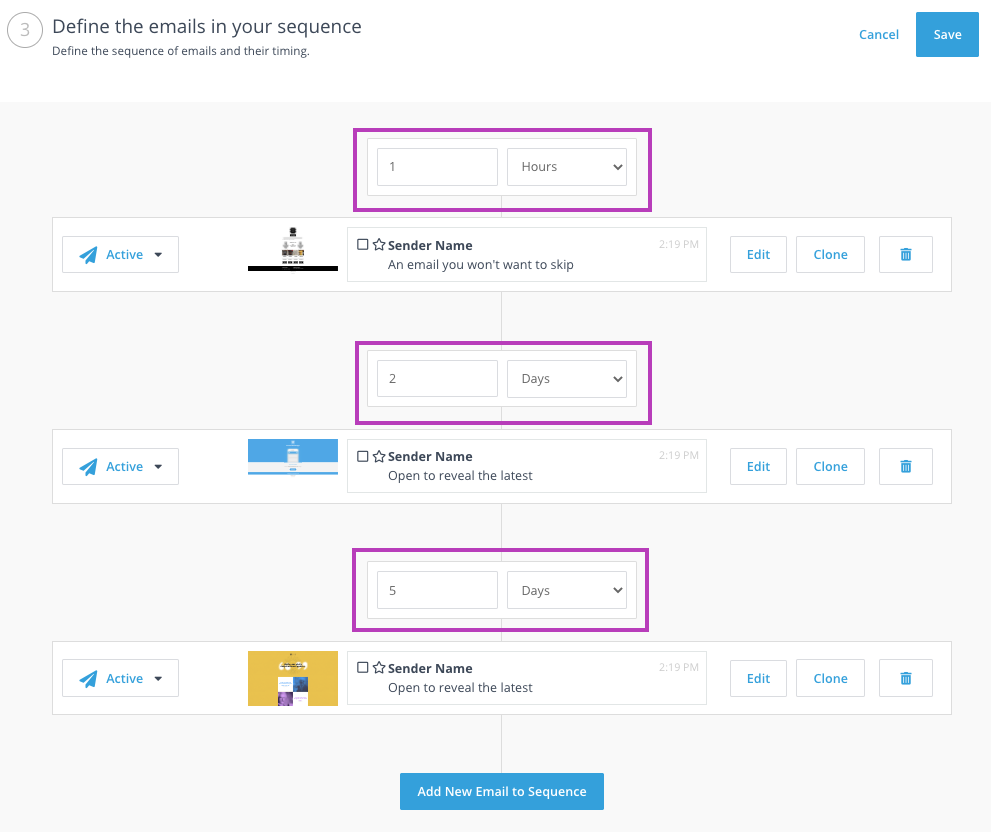 Above each email in the sequence, you can adjust the timing of individual releases to best suit your audience.