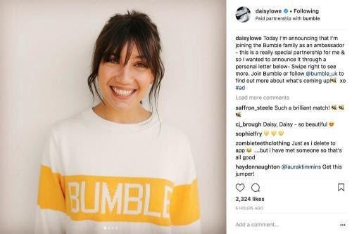 An example of a post by a Bumble ambassador.