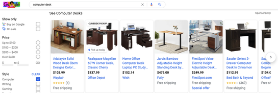 A Google Shopping listing for computer desks.