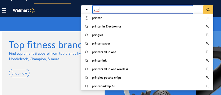 Walmart’s search bar suggests product categories.