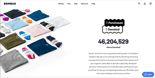 Bombas tracking the number of items donated after purchases.