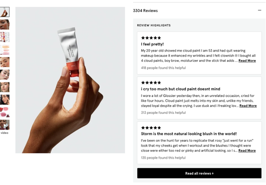 Glossier, a leading direct-to-consumer (D2C) brand, has an ecommerce culture that prioritizes customer feedback — their products can easily rack up 3,000+ reviews. 