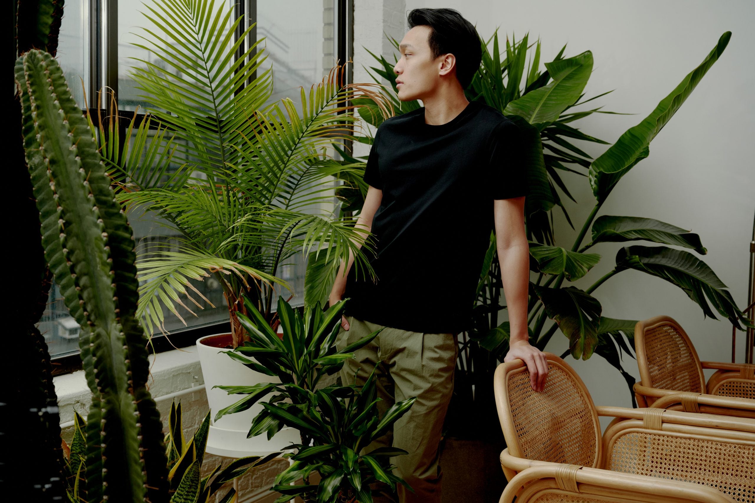 o.n.s clothing modeling a black shirt