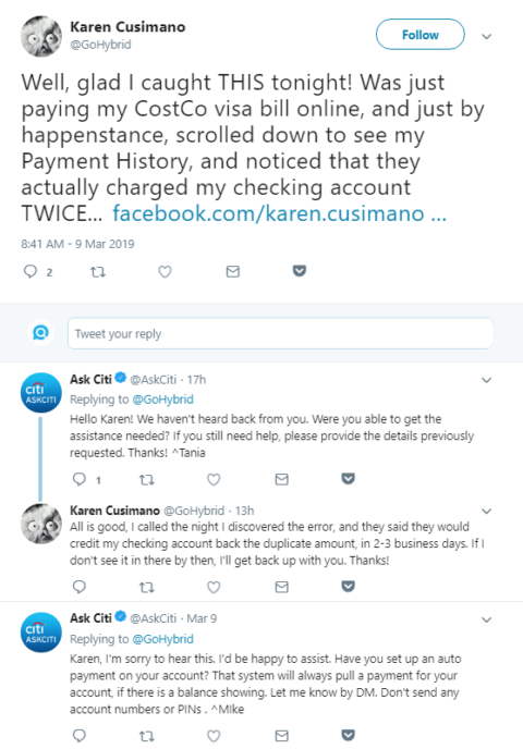 Citibank is one of the many brands providing customer support via Twitter.