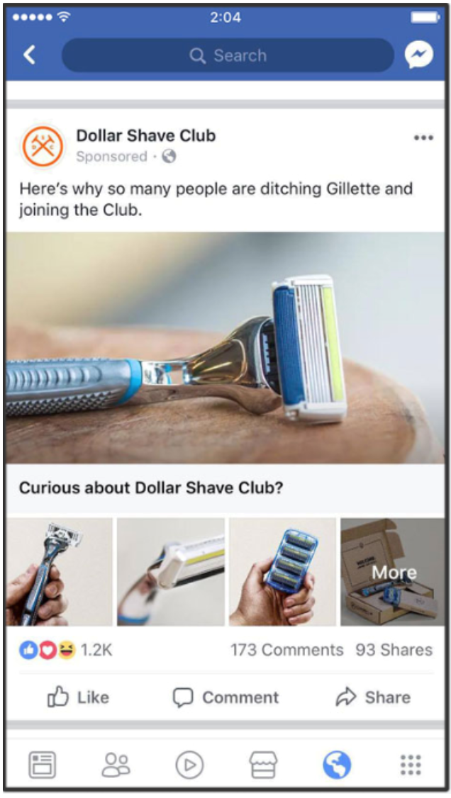 Esempio di annuncio Facebook del Dollar Shave Club