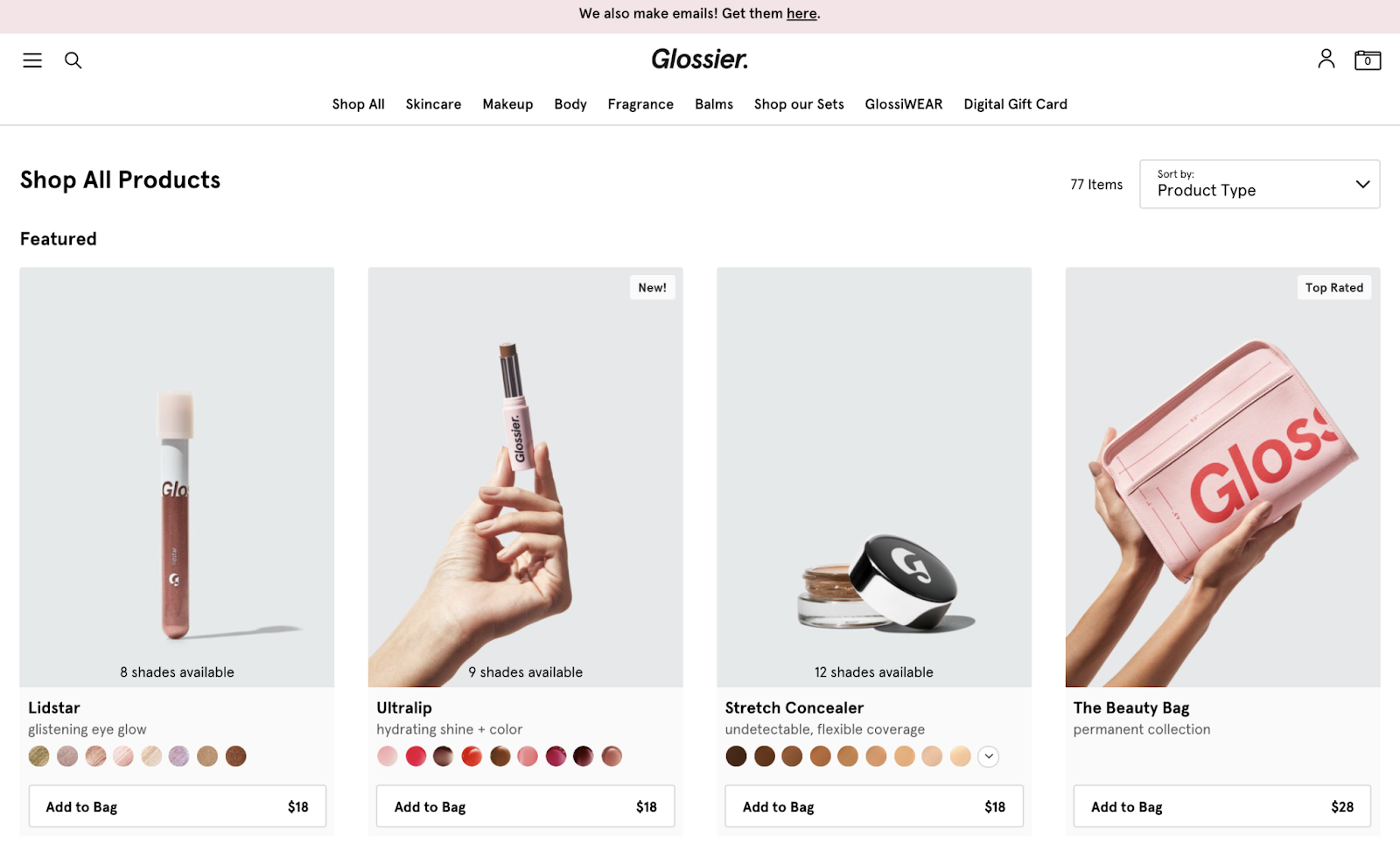 Glossier’s product line.