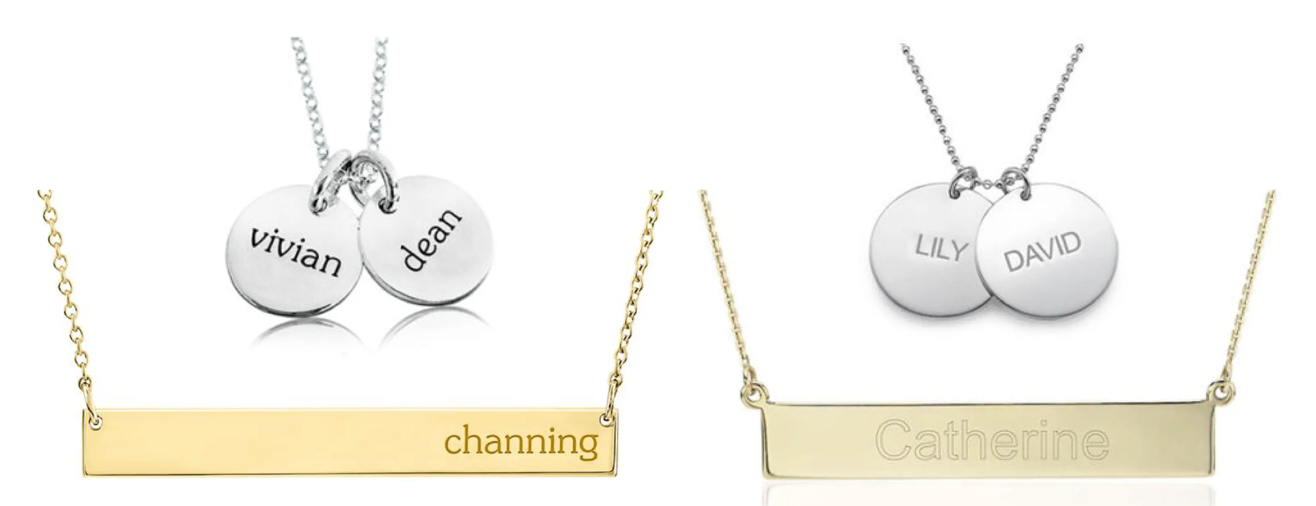 Two pieces of delicate gold and silver jewelry, each with a name engraved on it.