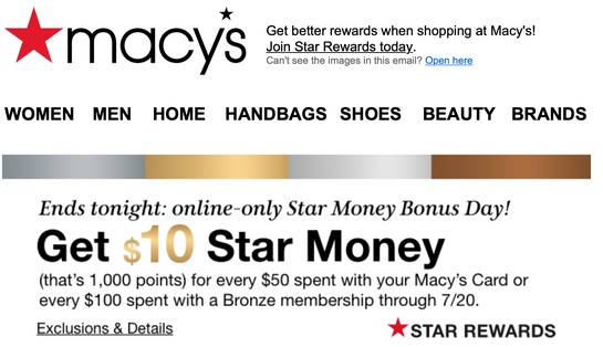 Macy’s has been offering extra “Star Rewards” for certain spending periods this summer. 