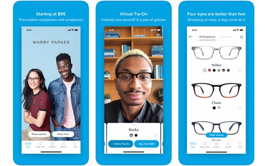 Warby Parker’s app has shopping functionalities and an AR try-on feature.