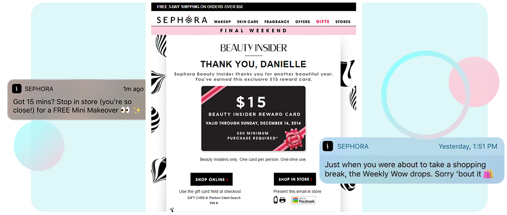 Example of Sephora's Targeted Emails and Push Notifications.
