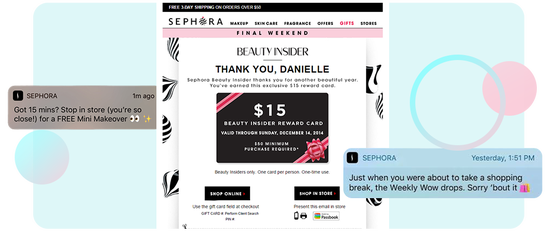 Example of Sephora's Targeted Emails and Push Notifications.