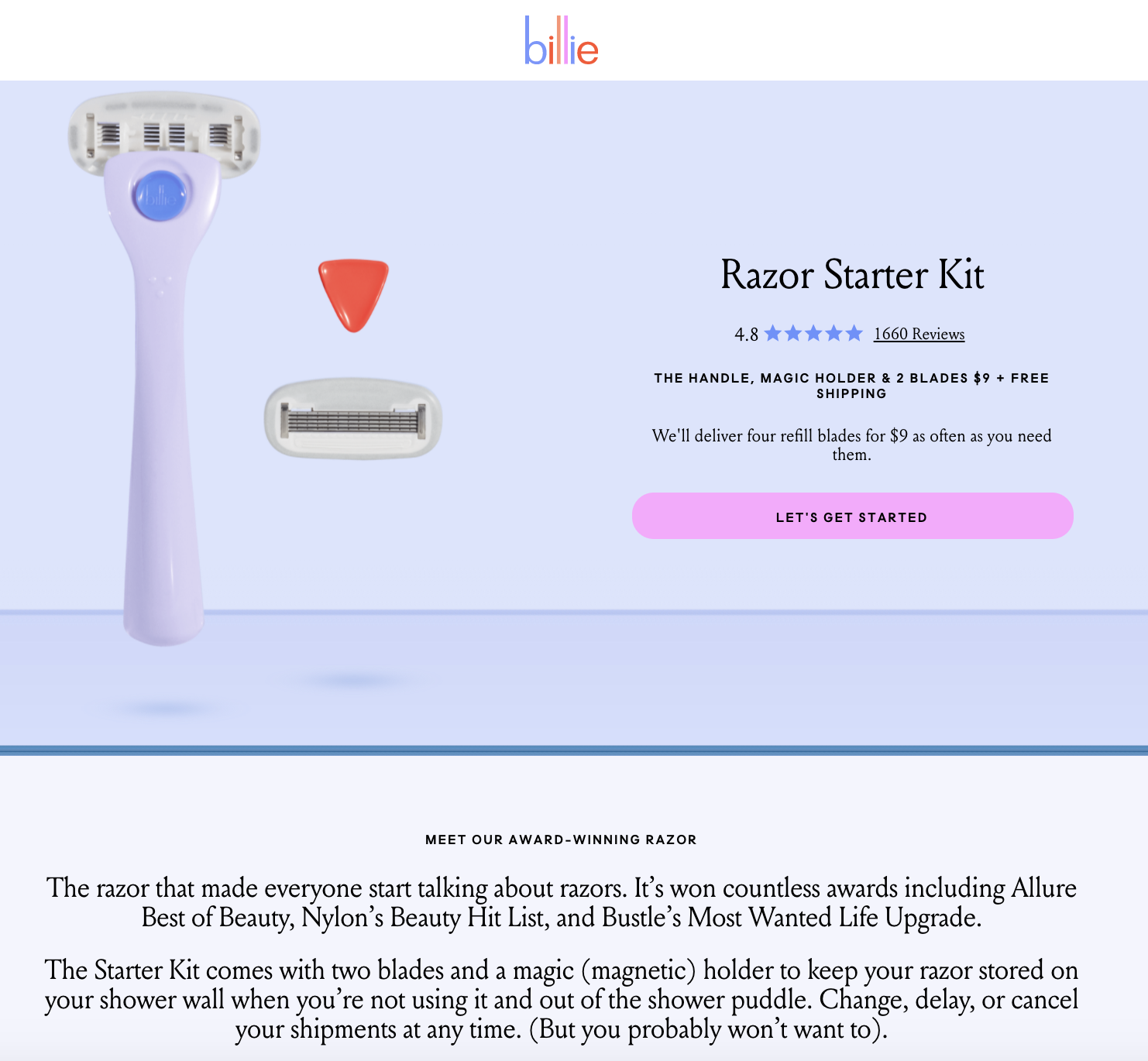 Direct-to-consumer (D2C) brand Billie kicks off its razor starter kit’s product page with a huge dose of social proof via a list of all the awards it has won.