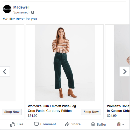 Facebook’s prominent “Shop Now” button is a great CTA.
