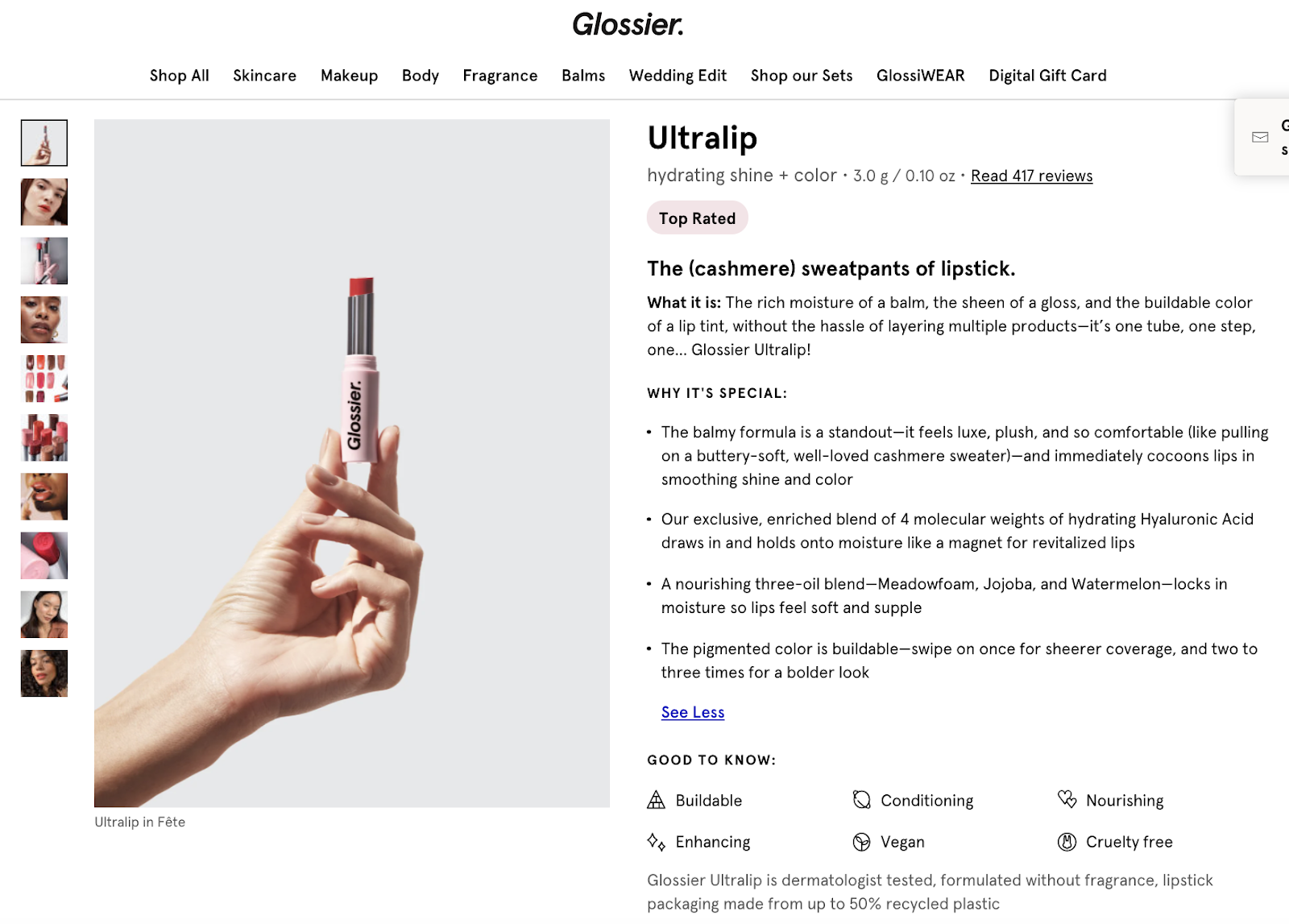 Glossier’s product descriptions are packed with sensory words — “buttery-soft,” “cocoons,” and “nourishing” are just one of the many used to describe this lipstick.