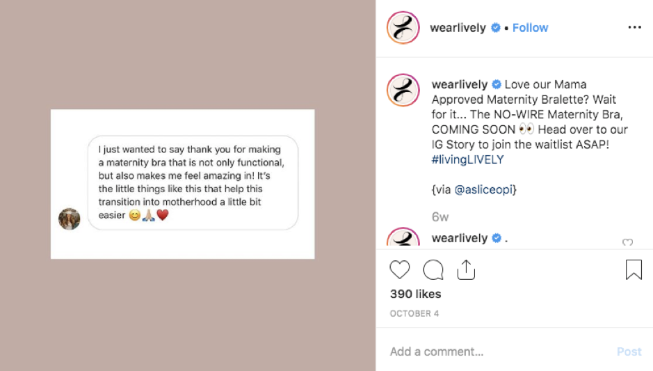 Postingan Instagram LIVELY di mana mereka telah menggunakan ulasan pelanggan untuk membuat konten.