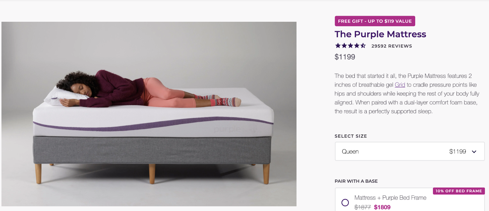 Purple Mattress describes its “breathable gel Grid” technology early on and quickly follows up with what it means for shoppers: “perfectly supported sleep.”