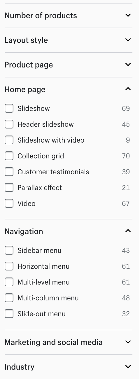 Each filter is broken down into helpful categories related to products, navigation, layouts, and more.