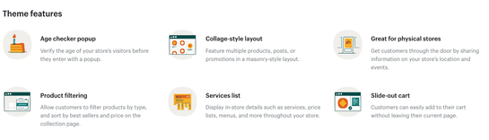 Top features listing for each Shopify theme preview.