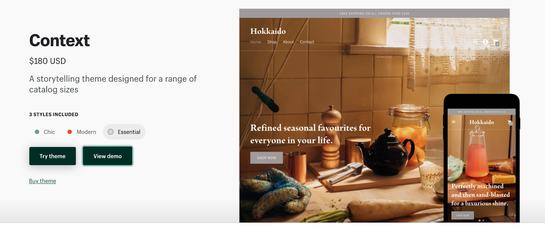 Shopify "Try Theme" and "View Demo" buttons.
