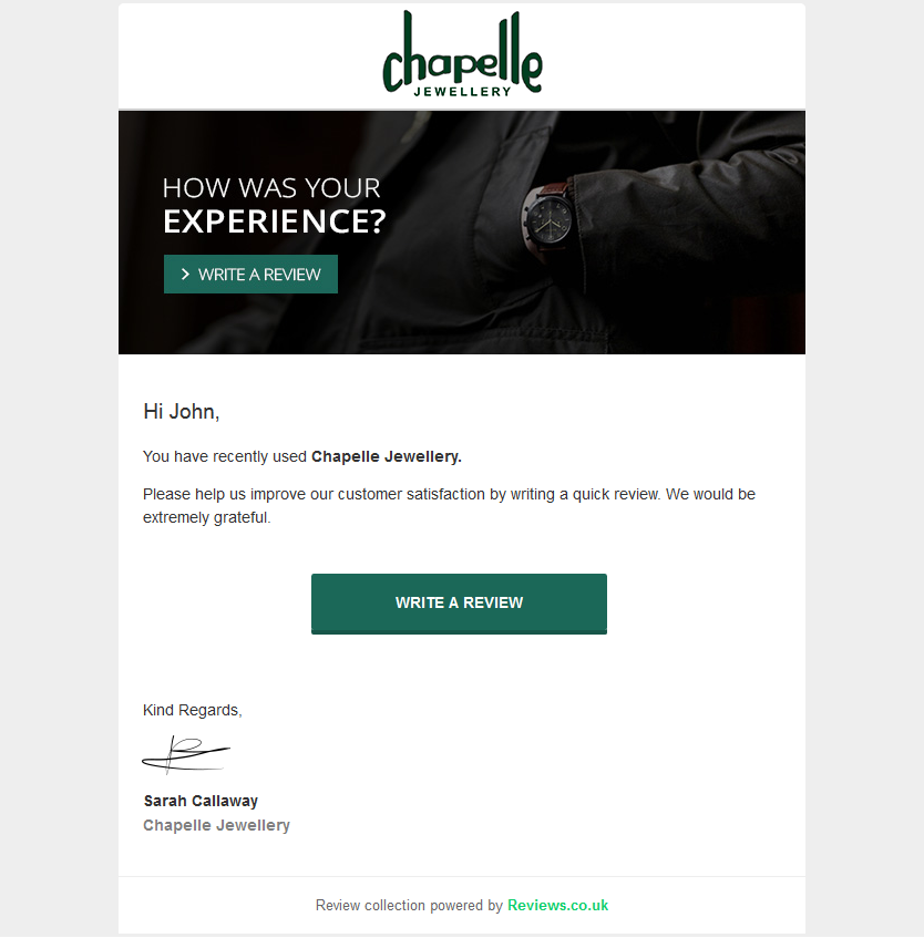 example of a review email from chapelle jewlery