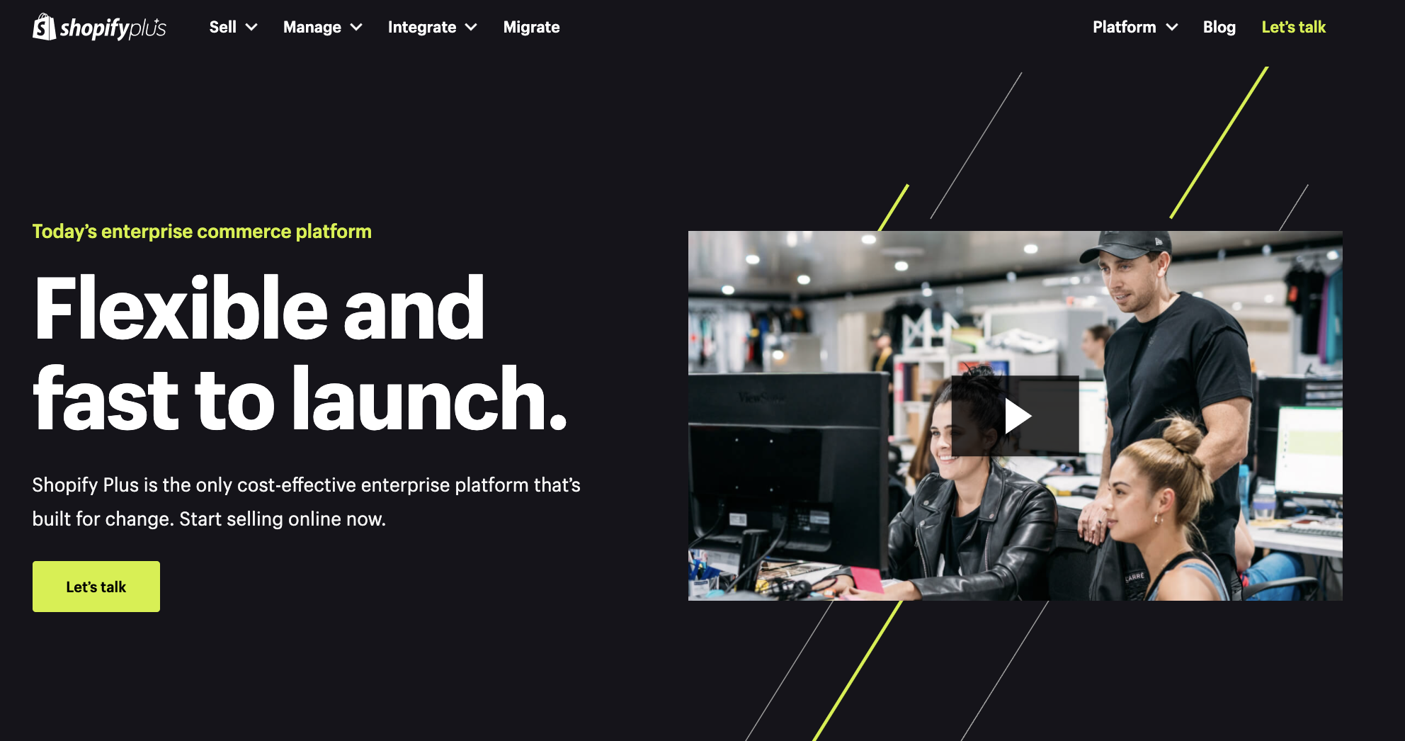 Shopify Plus 홈페이지의 스크린샷.