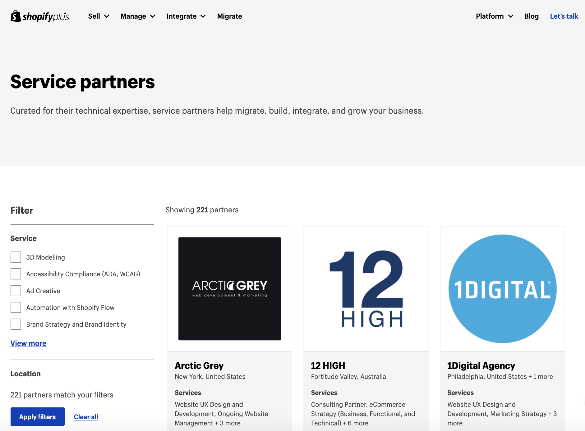 Shopify Plus 파트너의 스크린샷.