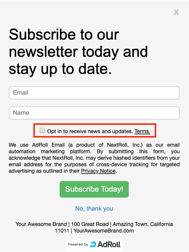 A screenshot of an email capture form featuring an explicit opt-in checkbox.