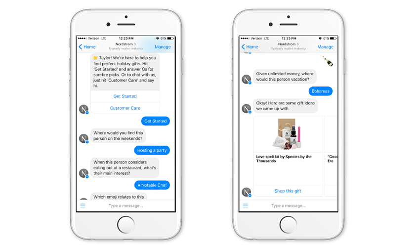 Two white iPhones displaying a conversation on Facebook with a chat bot.