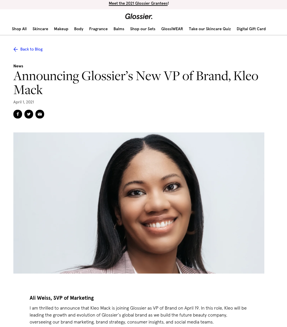 A screenshot of the Glossier press release.