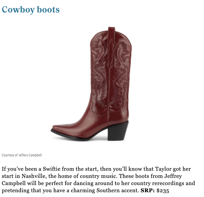 Cowboy boots, cardigans, and red lipsticks for the ultimate Swiftie in your life? If you say so, Fortune!
