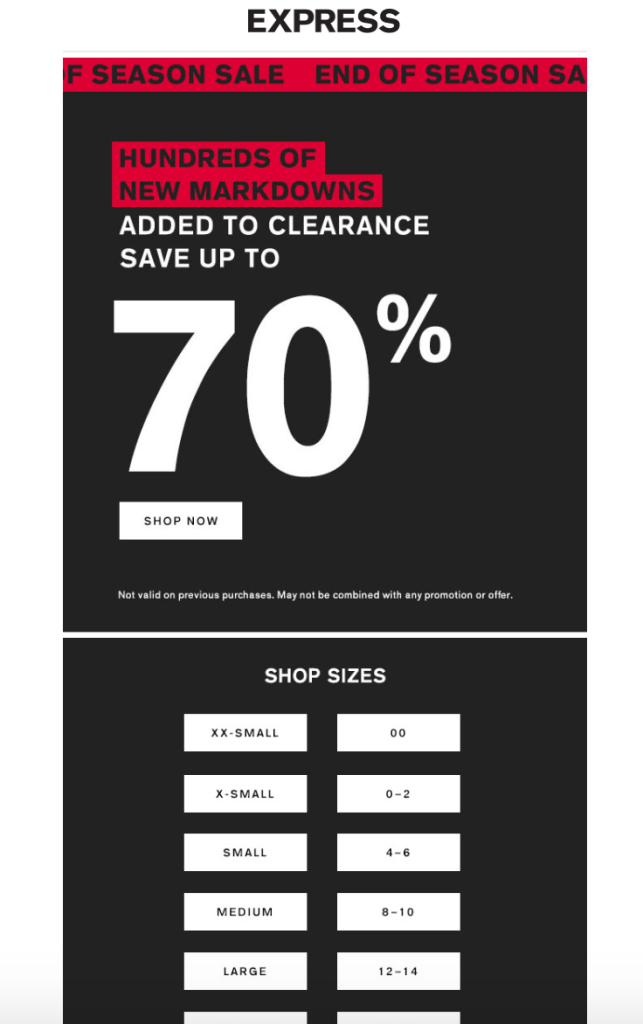 Example of flash sale from Express brand