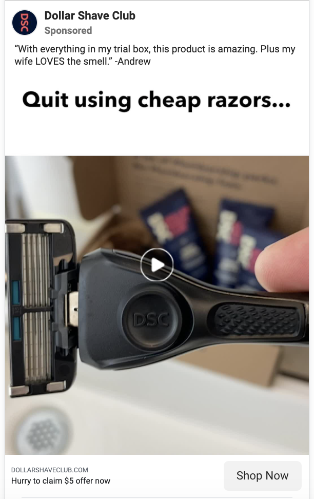 A catchy video + social proof + FOMO + an offer = an A+ ad from Dollar Shave Club.