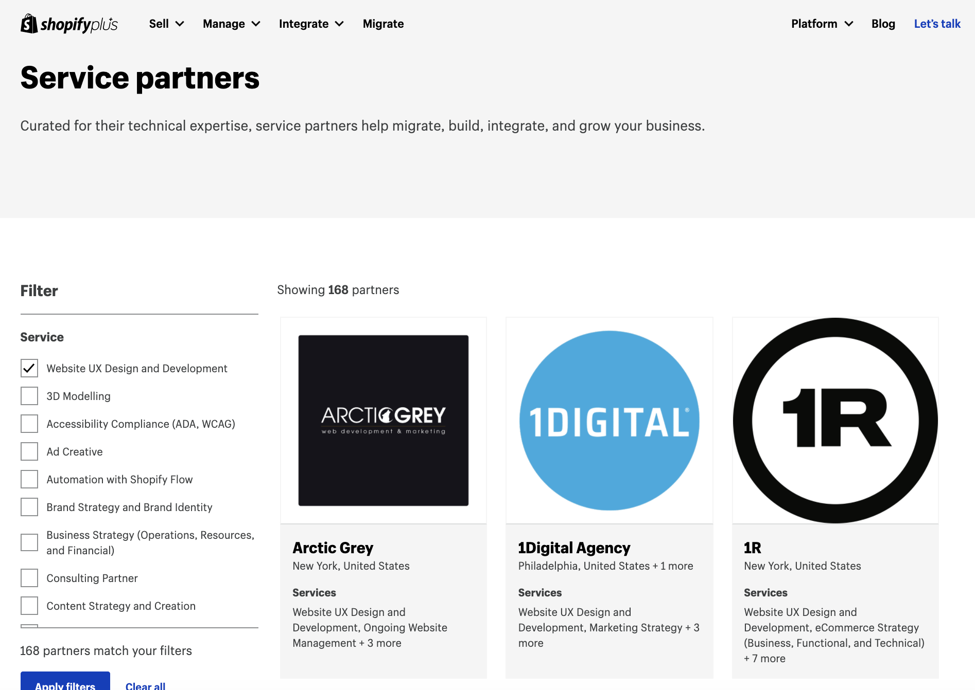 shopify 플러스 파트너 서비스 페이지