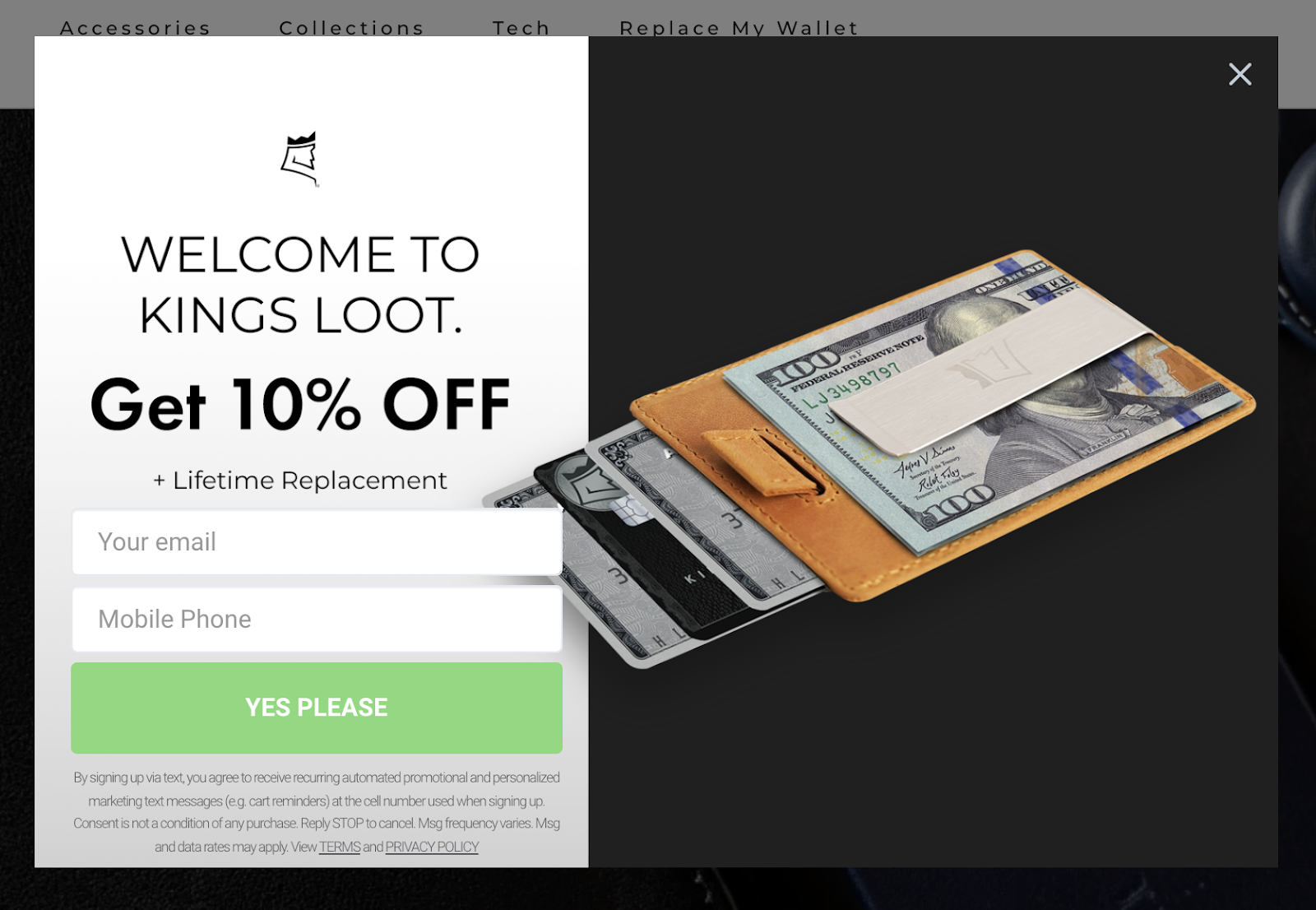 King’s Loot, a wallet brand, establishes its value exchange — 10% off plus a lifetime replacement. Talk about a good deal!