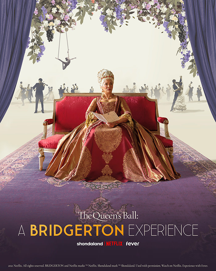 A poster for The Queen’s Ball: A Bridgerton Experience happening in Chicago, Los Angeles, Washington, D.C., and Montreal