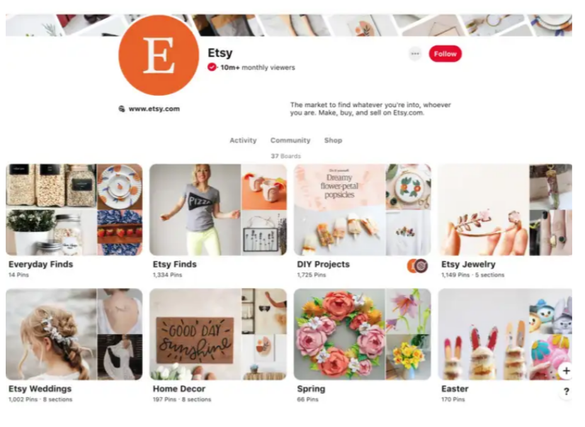 Deși Etsy are o gamă largă de subiecte de pe forumul Pinterest, toate sunt uimitoare, conform mărcii și ușor de căutat.