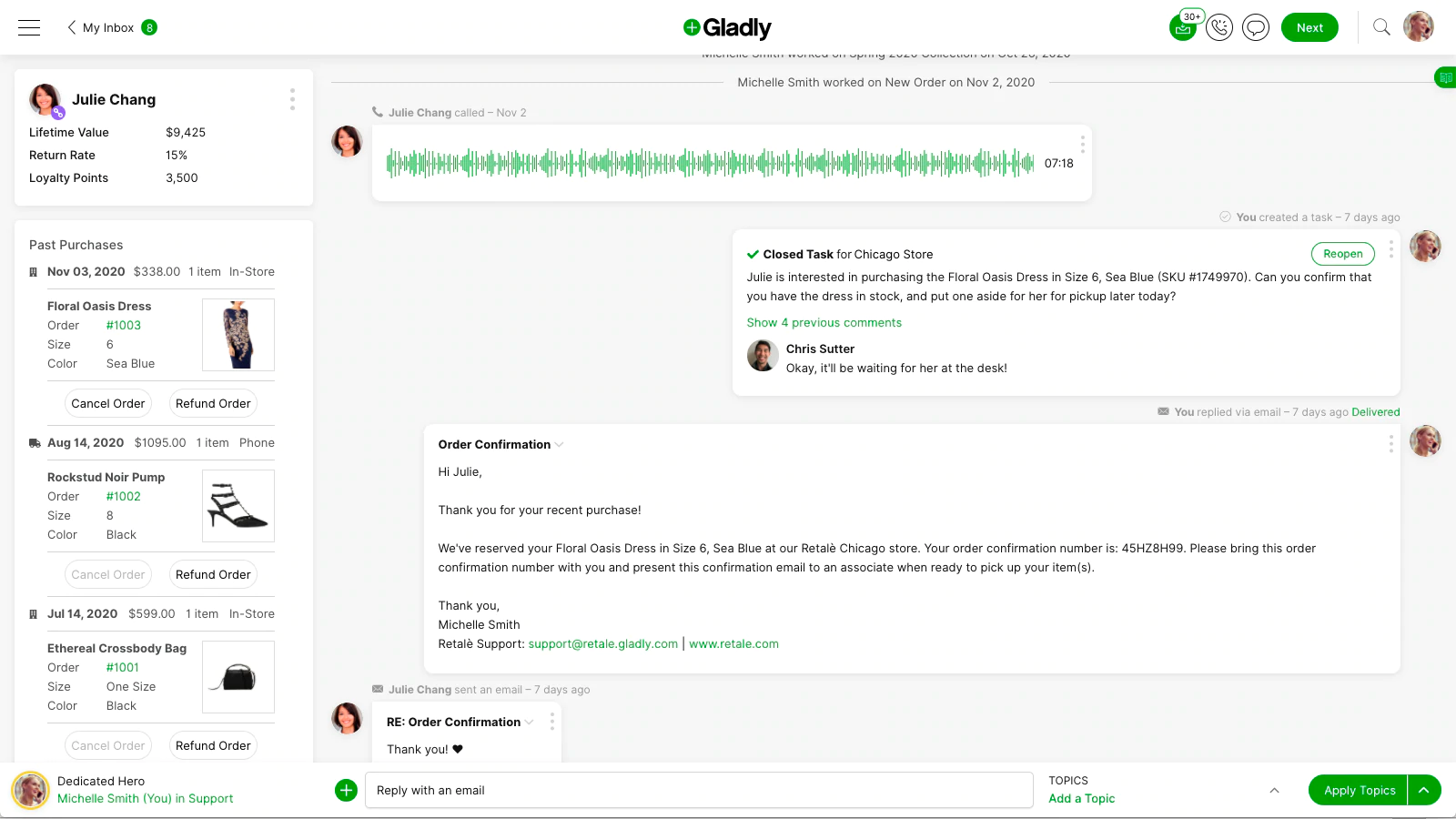Gladly, müşterilerin geçmiş satın almalarını, yaşam boyu değerini, iade oranını ve sadakat puanlarını görüntüleyen kapsamlı bir gösterge panosu sunar.