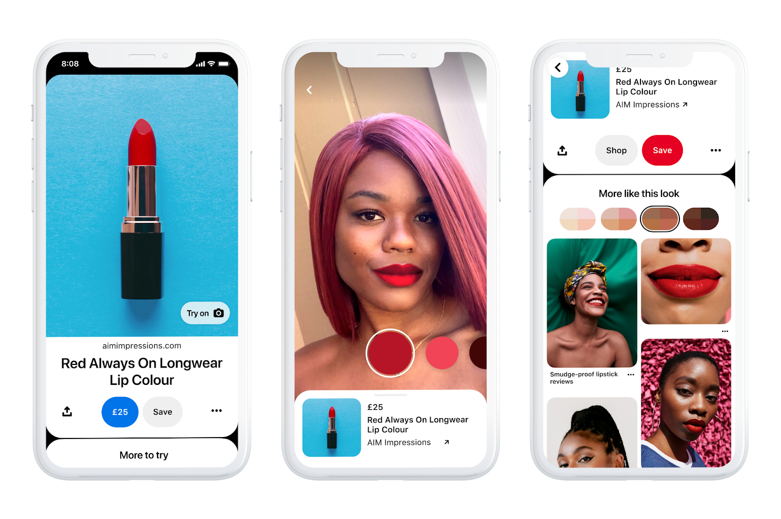 Яркая, смелая реклама Pinterest — например, эта булавка «Примерьте продукт», которая позволяет пользователям протестировать цвет губ на себе с помощью камеры своего телефона — заставляет пользователей Pinterest забыть, что они просматривают рекламу.