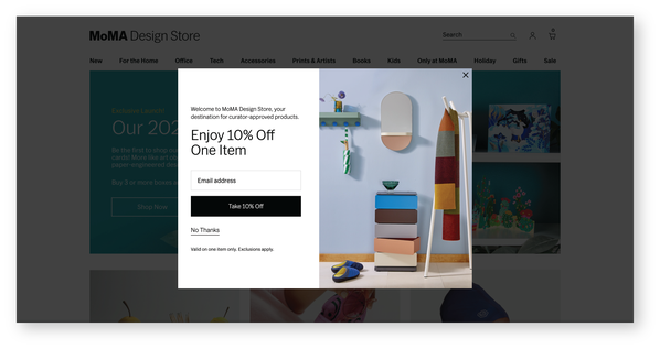 Example of email capture form on a webpage. The offer is 10% off one item for email address.