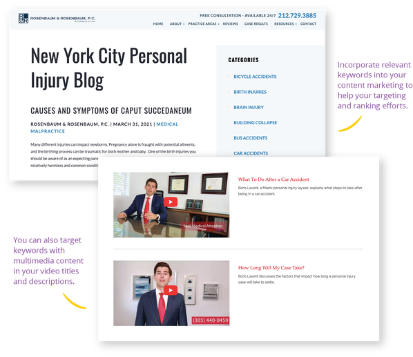 Image of two screenshots from a website for lawyers Rosenbaum & Rosenbaum. One screenshot shows a blog and the other two YouTube videos of a man in a suit. The image captions say, 
