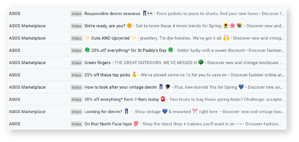 Gmail inbox screenshot with ~10 emails from brand ASOS. Each email has an emoji in the subject line, if not two.