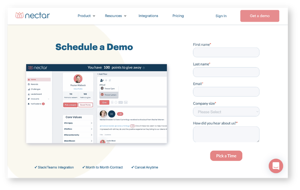 Screenshot of Nectar demo scheduling landing page. There is a screenshot of Nectar on the left and a form on the right with five fields. Image says, 