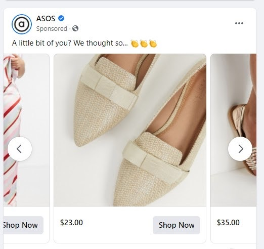 Przykład reklamy retargetującej na Facebooku firmy ASOS dotyczącej butów.