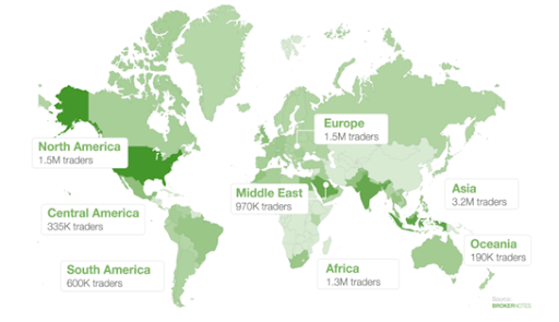 map showing number of users per country