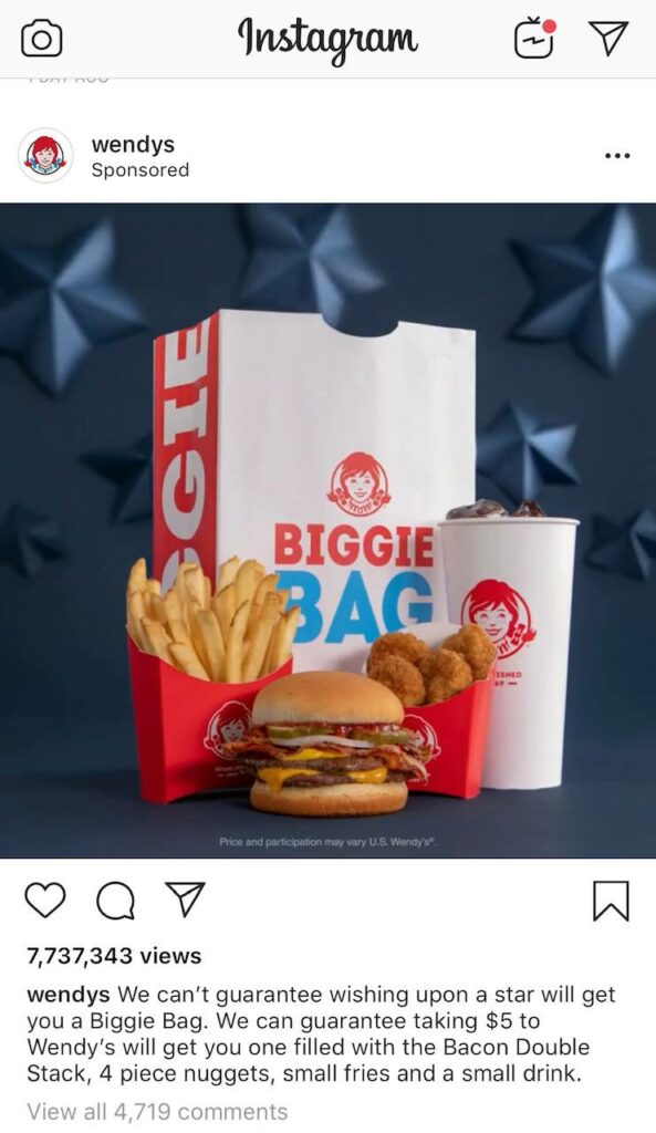 Screenshot of an Instagram ad by Wendy's.