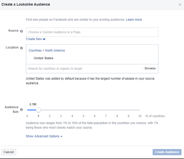 Screenshot of the feature to create Lookalike Audiences in Facebook.