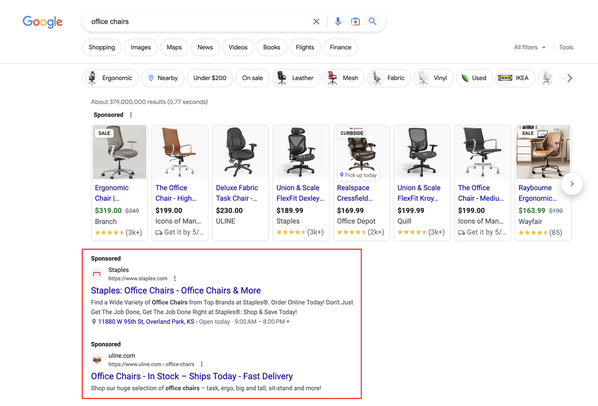 Screenshot of Google search ads in the SERP.