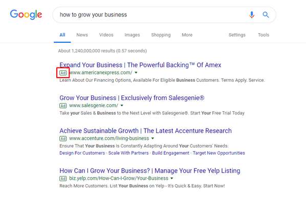 Screenshot highlighting the first result in a Search Engine Results page, which is an ad.